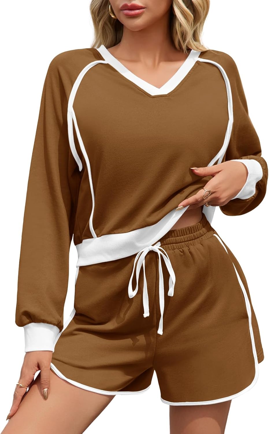 Fisoew Womens 2 Piece Outfits Casual V Neck Cropped Sweatshirt High Waisted Workout Shorts Sets Loose Tracksuits