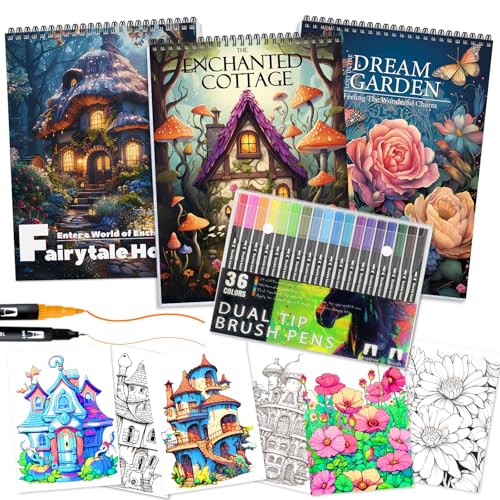 Image of 3Pcs Adult Coloring Book for Women Relaxation, 36 Colors Markers with Spiral Bound Adult Coloring Book for Women, 36 Dual Tip Colors Markers, Anxiety Relief Mindfulness Gifts(Cottage & Garden & House)