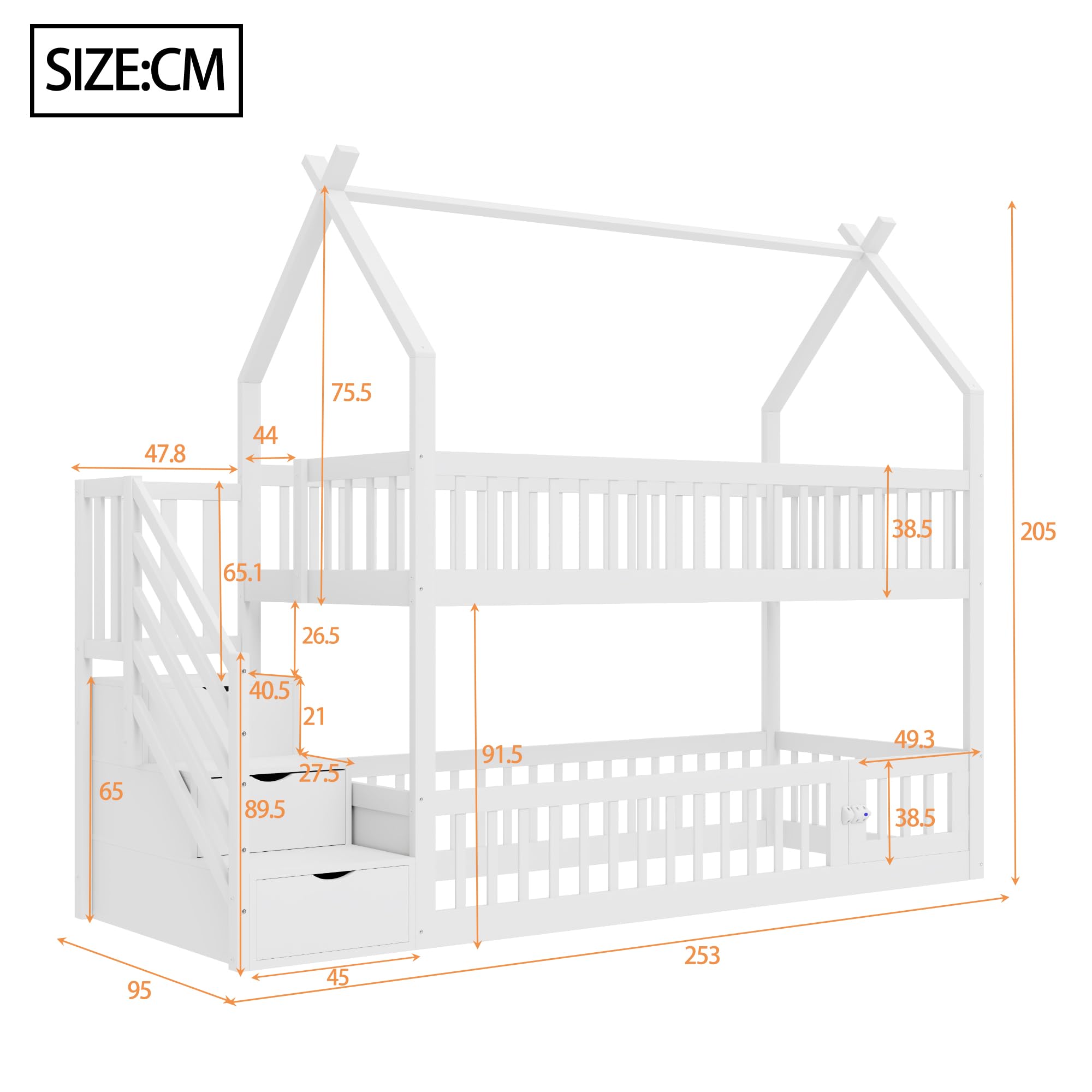 Etagenbett Kinderbett 90x200 cm mit Treppe und Stauraum, Hochbett Hausbett mit Rausfallschutz und Armlehne, Holzbett Bettgestell mit Lattenrost (Nur das obere Bett), Weiß, Ohne Matratze