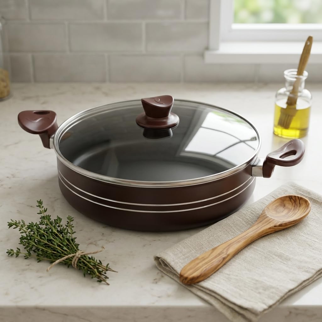 Papilla Assos 30 cm Karnıyarık Tenceresi - Bordo Renkli, Çift Çizgi Detaylı Cam Kapaklı Yanmaz Yapışmaz Sığ Tencere