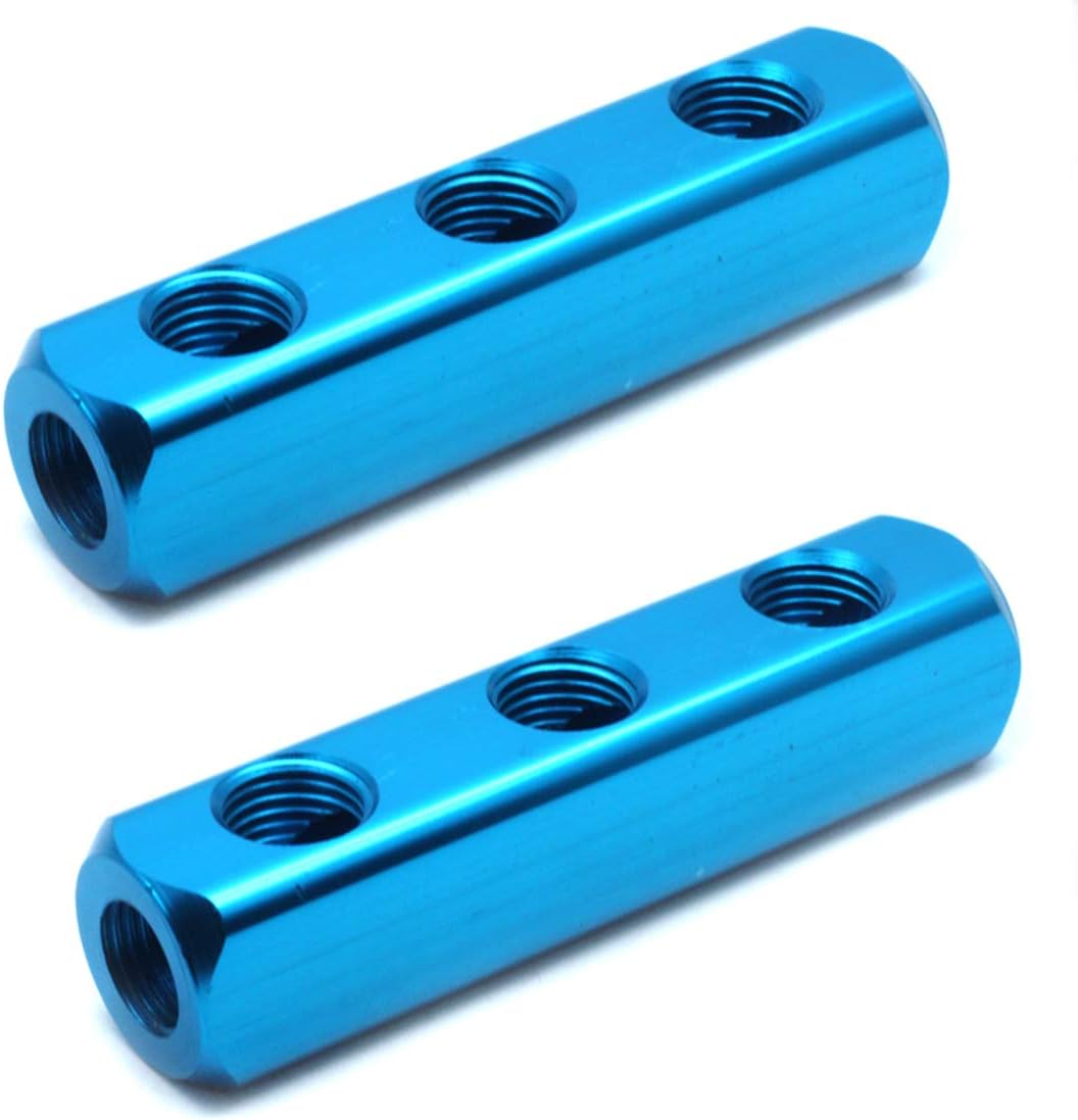 Mecion 1/4" Thread 4 Way 7 Port Aluminum Air Hose Inline Manifold Block Splitter Pneumatic Air Line Splitter Pack of 2