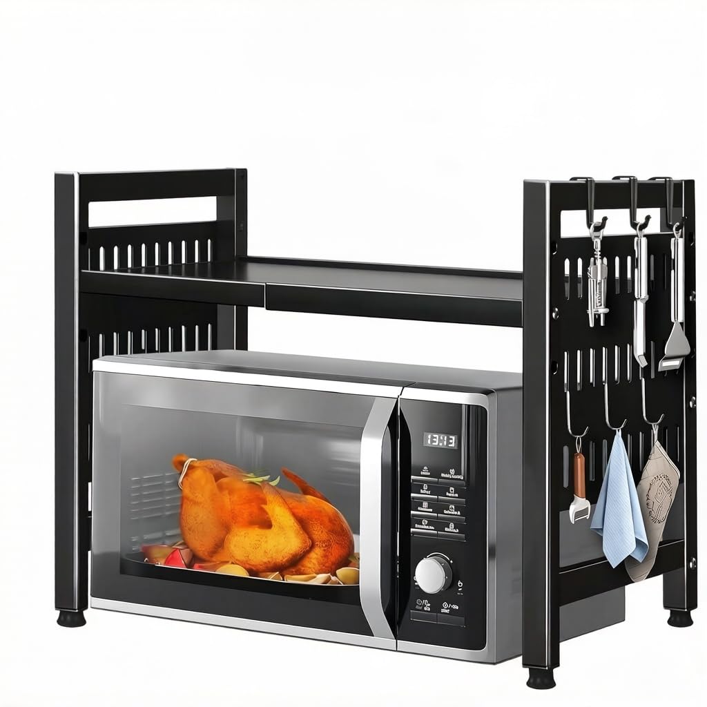 Mensola Microonde Estensibile, Regolabile Due Livelli Microonde Scaffale, Scaffale Salvaspazio Acciaio Carbonio Ripiano Contatore Cucina Organizzatore Ripiani, Scaffale Cucina con 6 Ganci