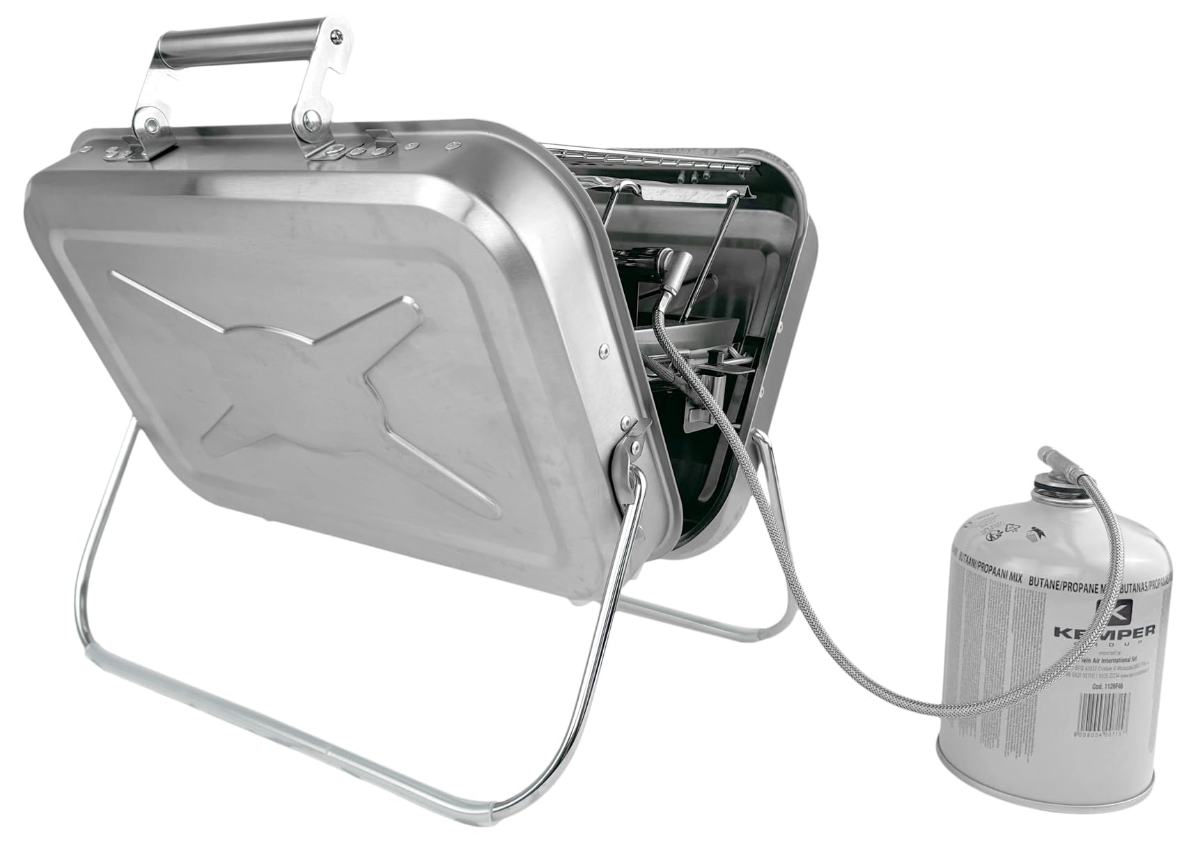 GARDINGER BBQ 45 mobiler Koffergrill aus Edelstahl für Gaskartuschen | Klappbarer Camping-Grill für Picknick Outdoor mit Edelstahlgrillzange | 44,5x30x11,3 cm