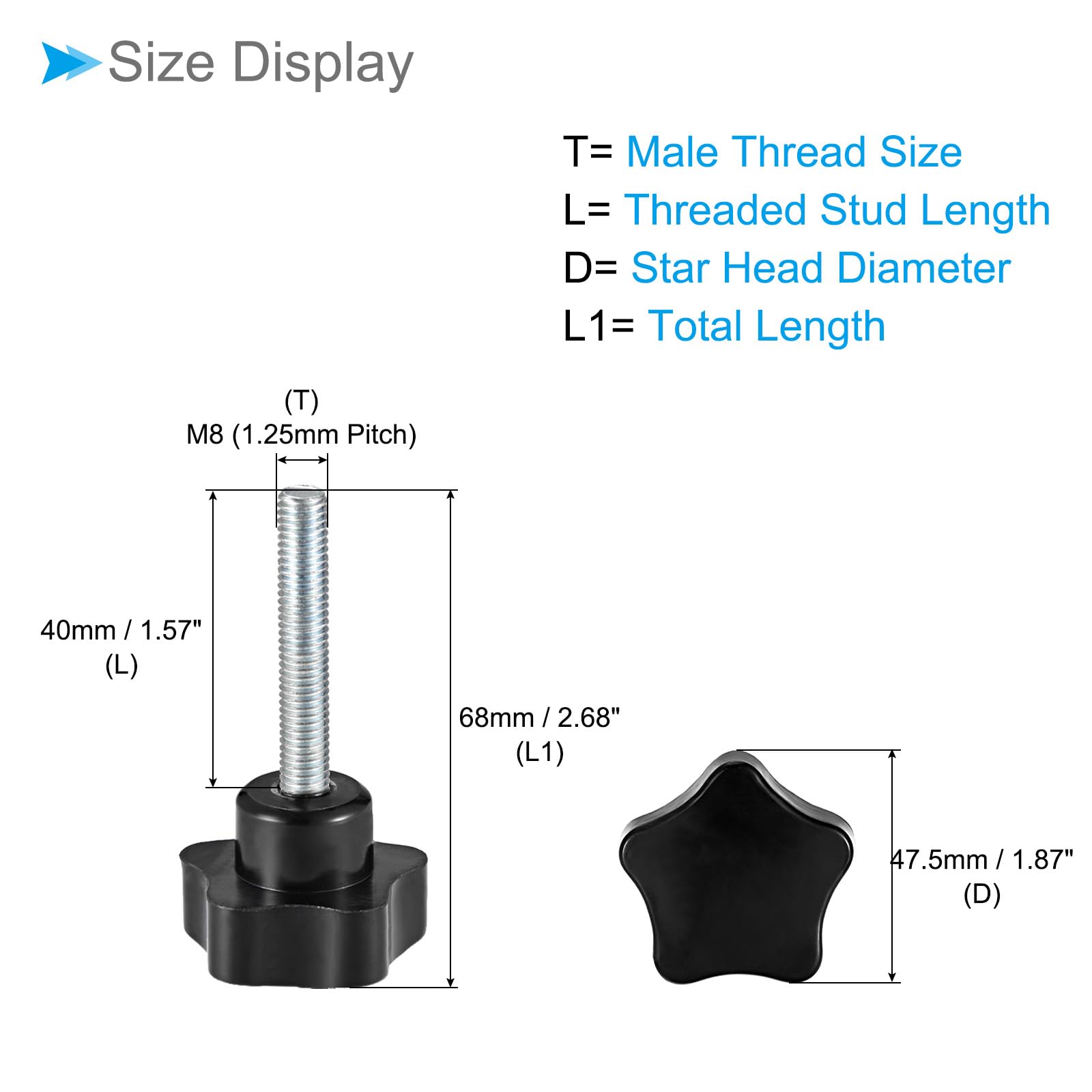 CoCud Star Clamping Knobs, M8 x 40mm Male Thread 47.5mm Head, Plastic Thumb Screw Grip Hand Knobs Threaded Bolt Black - Image 2
