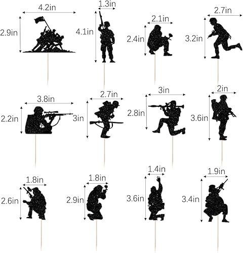 Miniatura 2 de Decoración para tartas de soldado con temática militar, 12 vasos de papel con purpurina negra, Día del soldado, veteranos, cumpleaños de hombres,