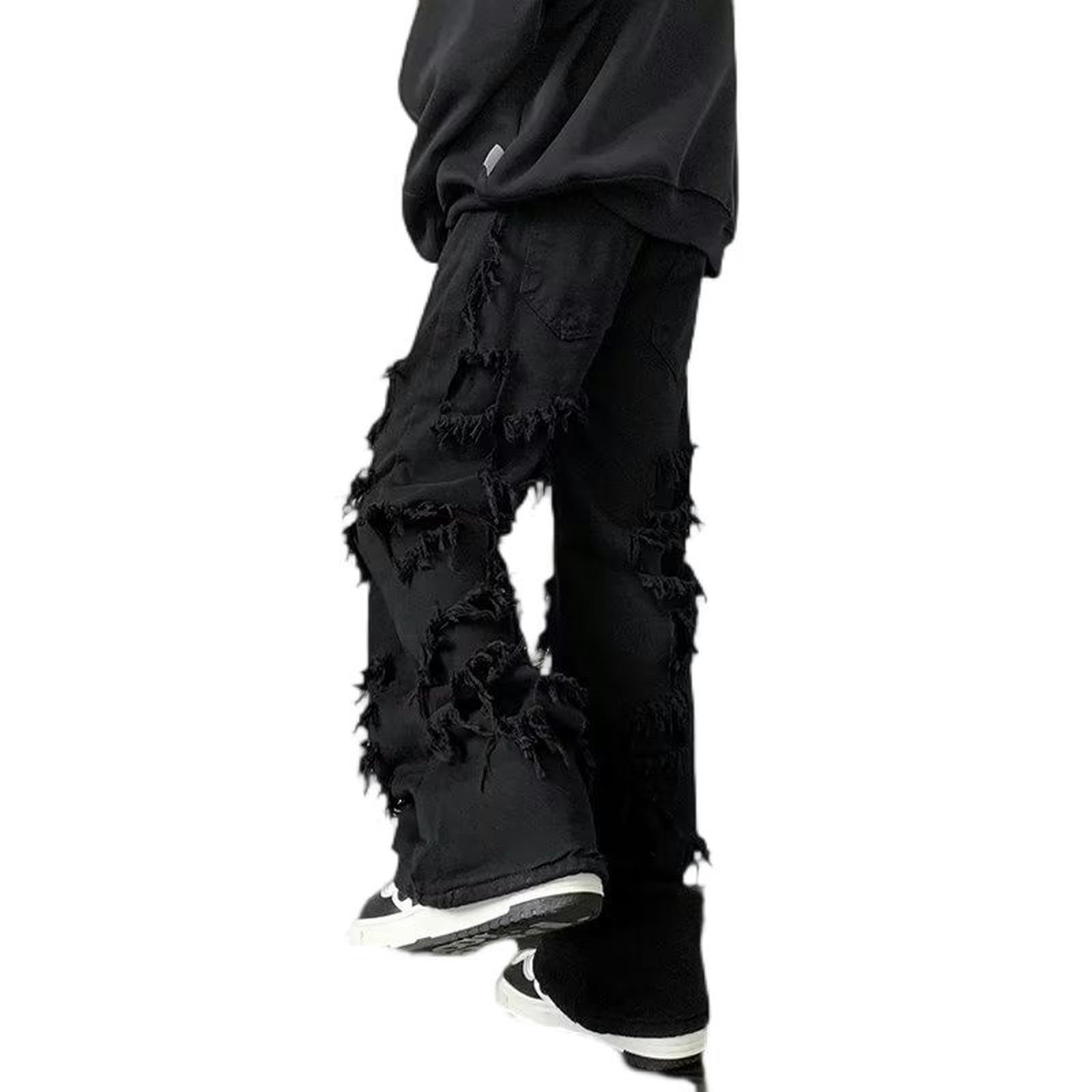 Jeans homme droit noir à bord brut et épissage hip-hop high street style ins fashion taille L