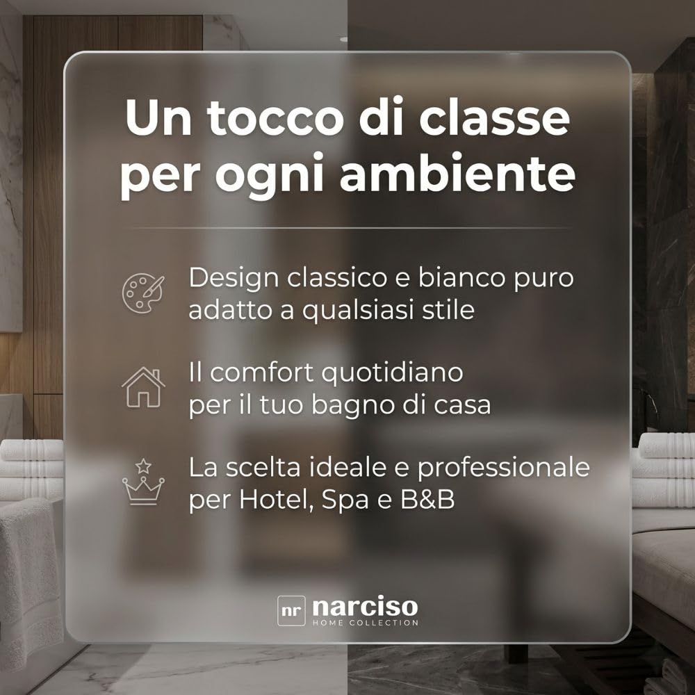 NARCISO - Set Asciugamani Bagno 12 Pezzi per Hotel, B&B e Casa in Cotone, Asciugamani Bianchi Classici (4 Viso, 4 Doccia, 4 Ospite) Bath Towels ad Alta Assorbenza (4 Tris)