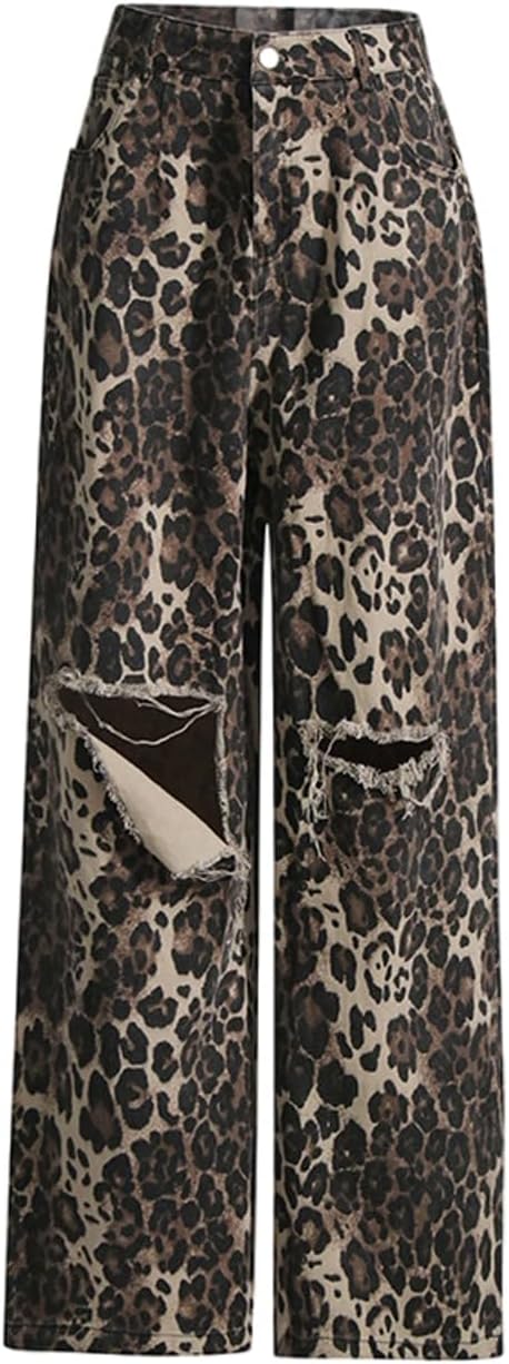 Gothic jeans, women's retro leopard print, high waisted slimming straight leg pants, perforated jeans