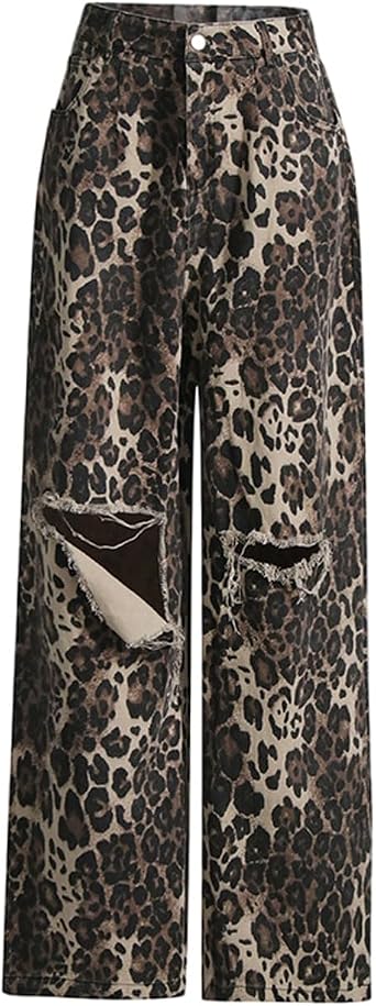 Gothic jeans, womens retro leopard print, high waisted slimming straight leg pants, perforated jeans
