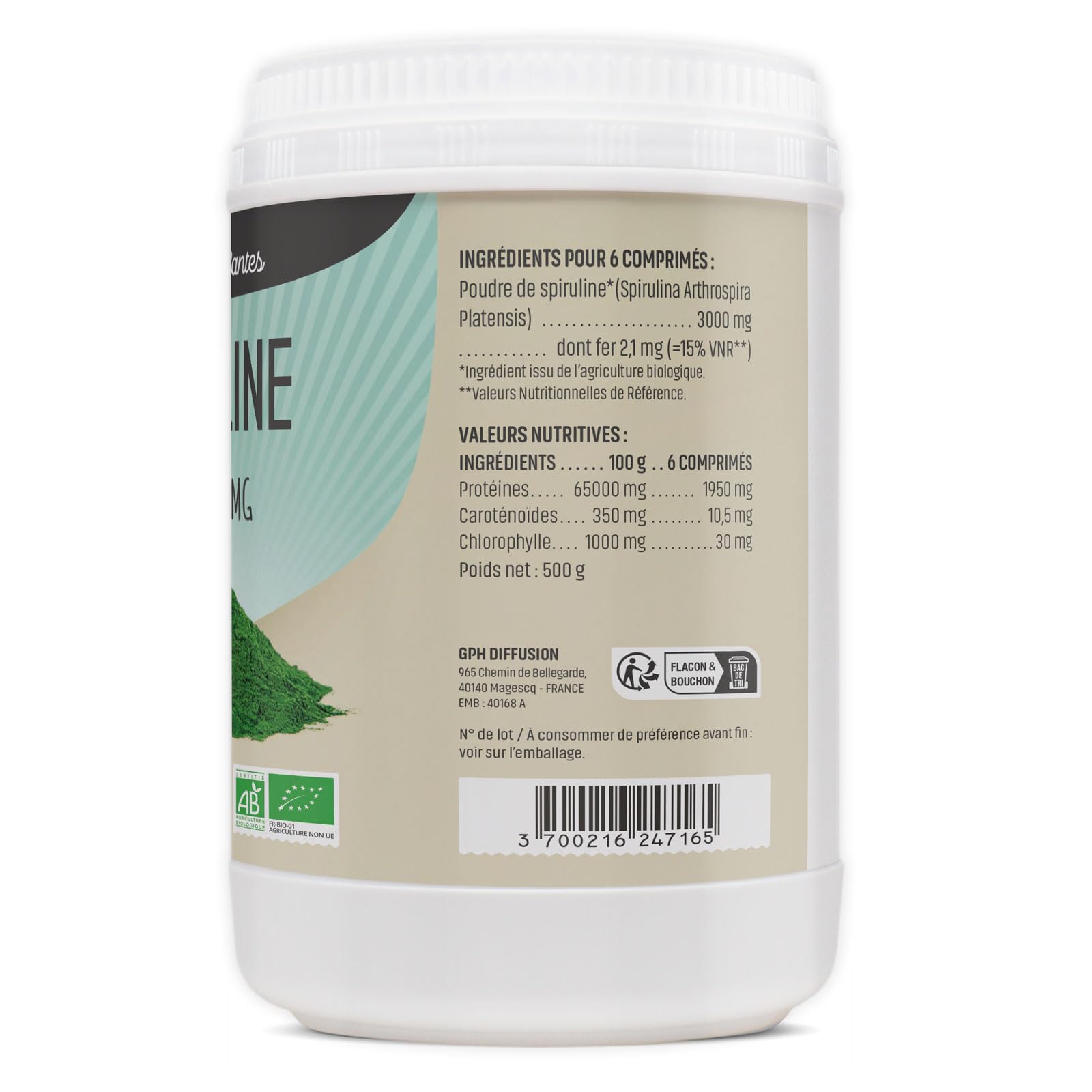 Herbes Et Plantes Spiruline Bio 1000 Comprimés 500 mg