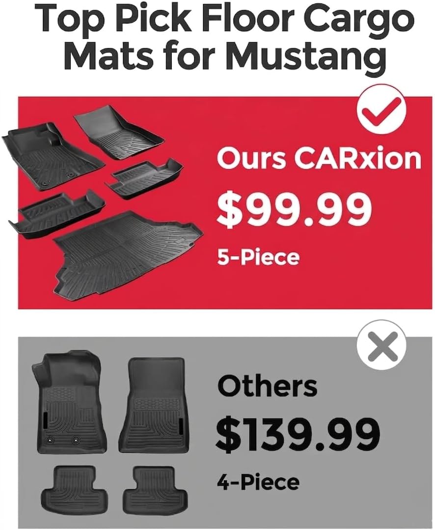 carxion® for ford mustang floor mats & cargo liner (2015-2024 2025 2026, all weather 5pcs full set, not for mach-e)