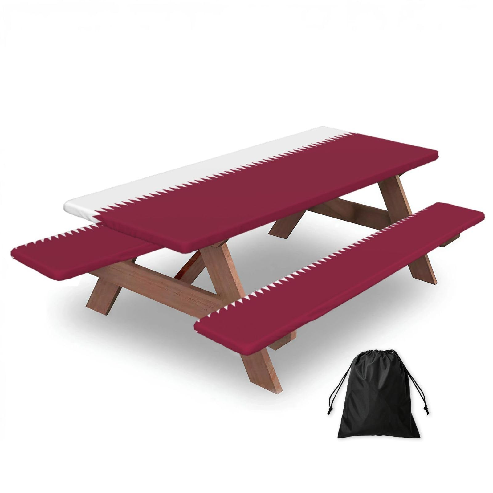 Hhbiuuo Black 72In Camping Table Cover & Bench Covers 3-Pack Set, Qatar Flag Print Tablecloths, For Rectangle Tables Picnic