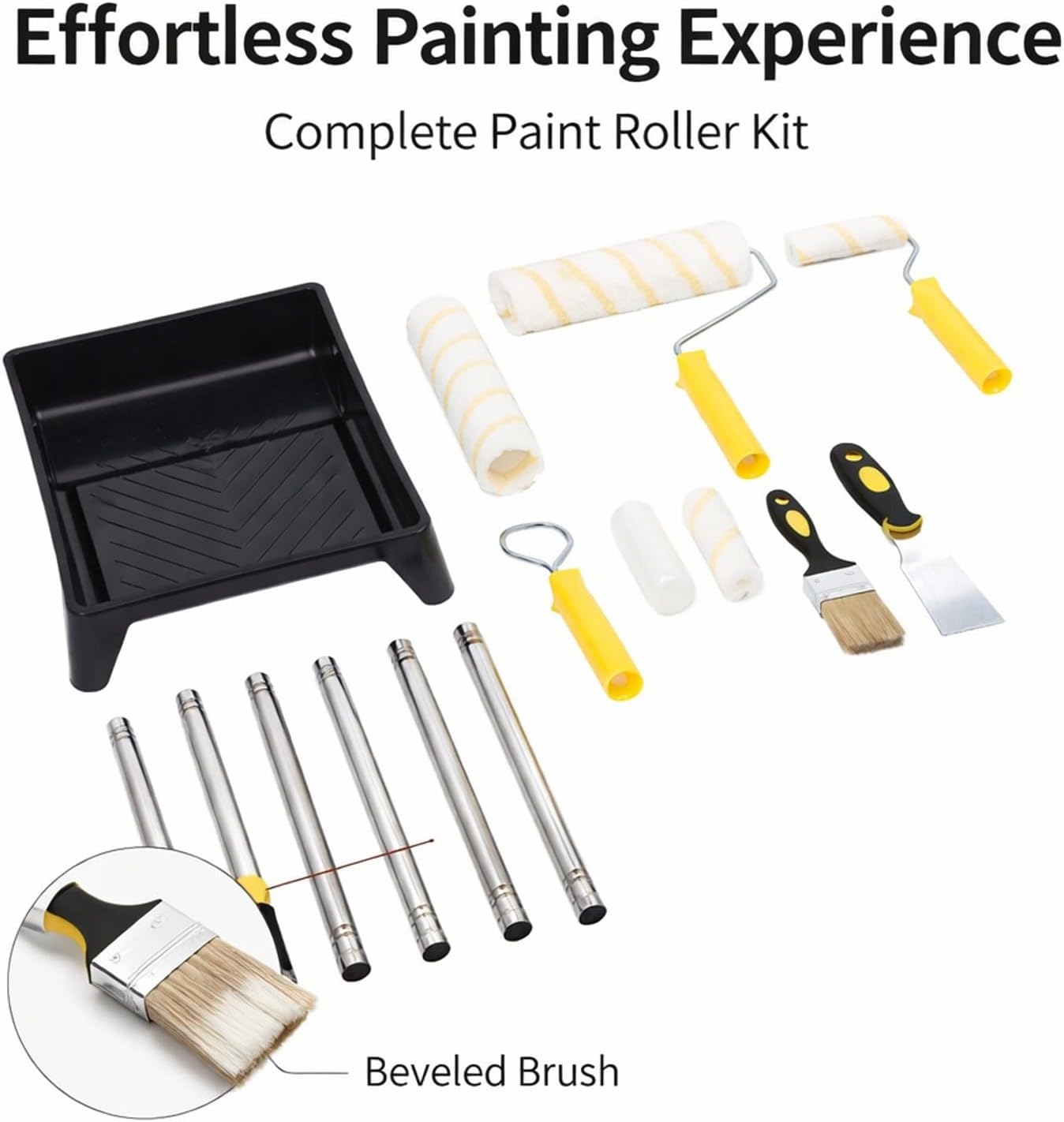 Paint Roller Kit, Professional Wall Painting Tool Kit, 2 Roller Covers 23cm & 11cm with Stainless Steel Rods - Comprehensive Set, Easy Cleanup Tray for Walls, Ceilings & Furn