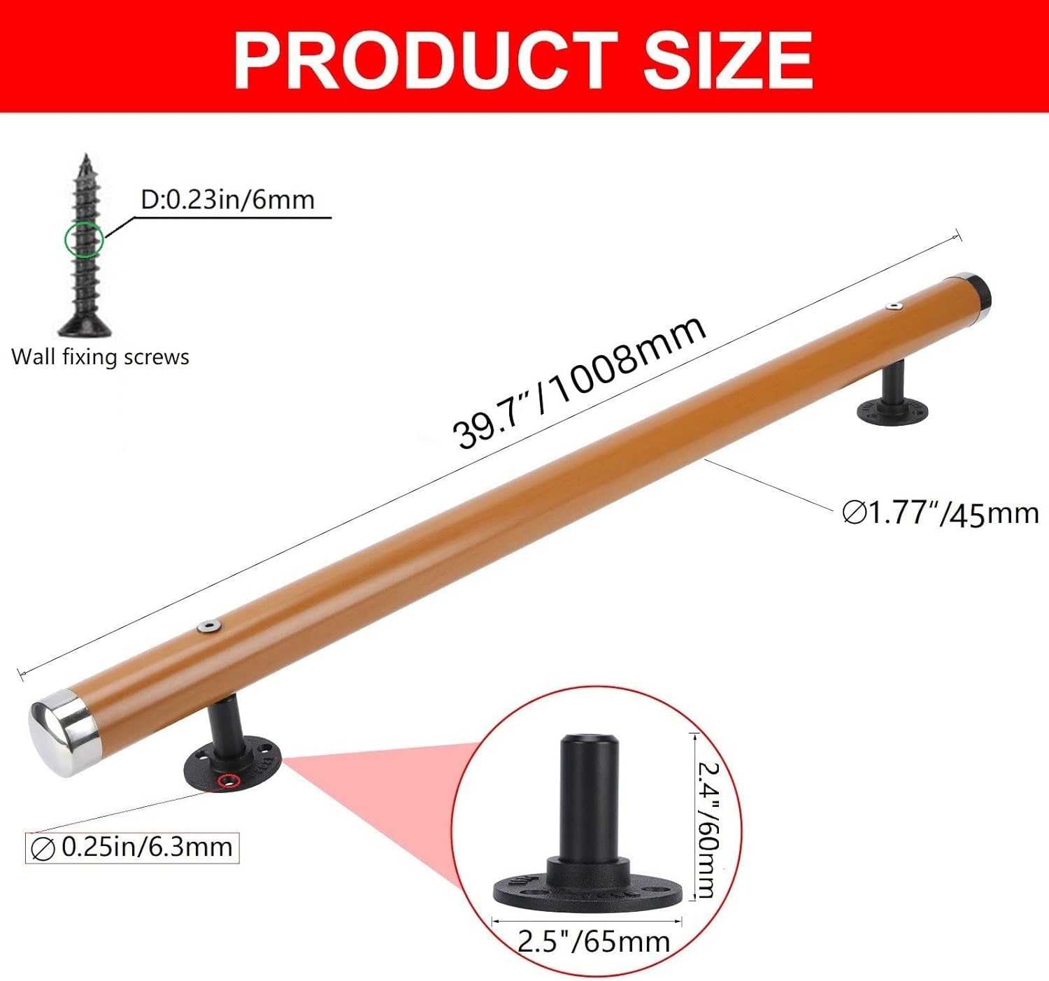 3.31Ft Wooden Handrail Resin Non-Slip Stair Handrail Wall Mounted Handrail Indoor Outdoor, Comfortable Barrier-Free Stair Handrail for Elderly 1.97 "Round