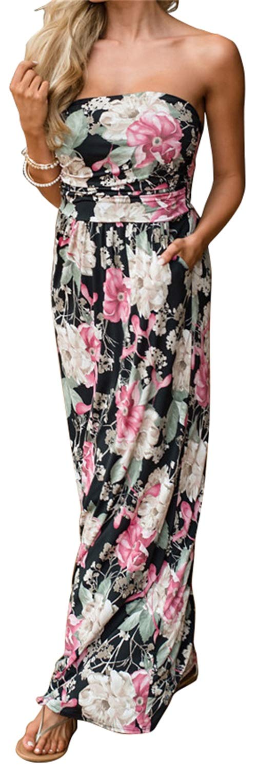 Photo 1 of PRIMODA Womens Strapless Tube Top Maxi Dress Floral Boho Beach Dress with Pockets(M Blackwhite 4#)