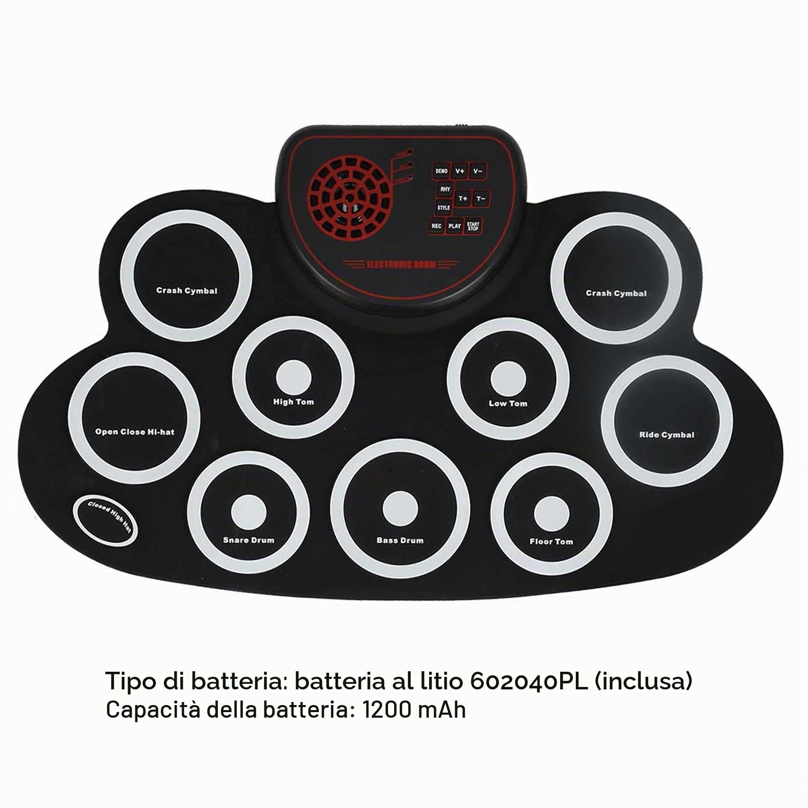 Set di Batteria Elettronica, Set di Batteria Avvolgibile, Kit di Batteria con Pad Avvolgibile da 9 Pad, con Pedali e Bacchette, Doppio Altoparlante Integrato, Ideale per i