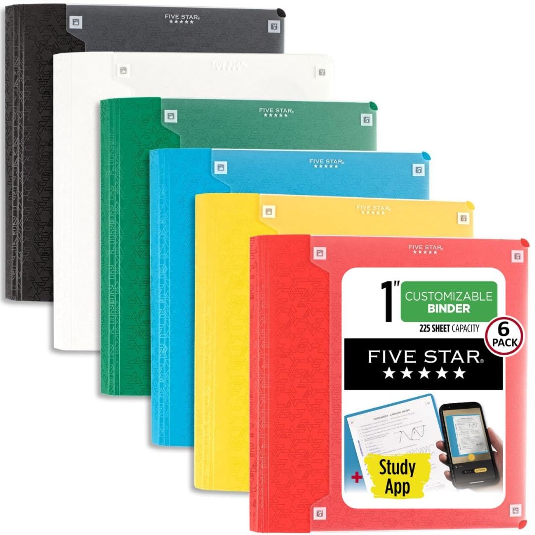 Five Star Classeur en plastique personnalisable de 2,5 cm + application d'étude, lot de 6, couleurs assorties (261440-23)