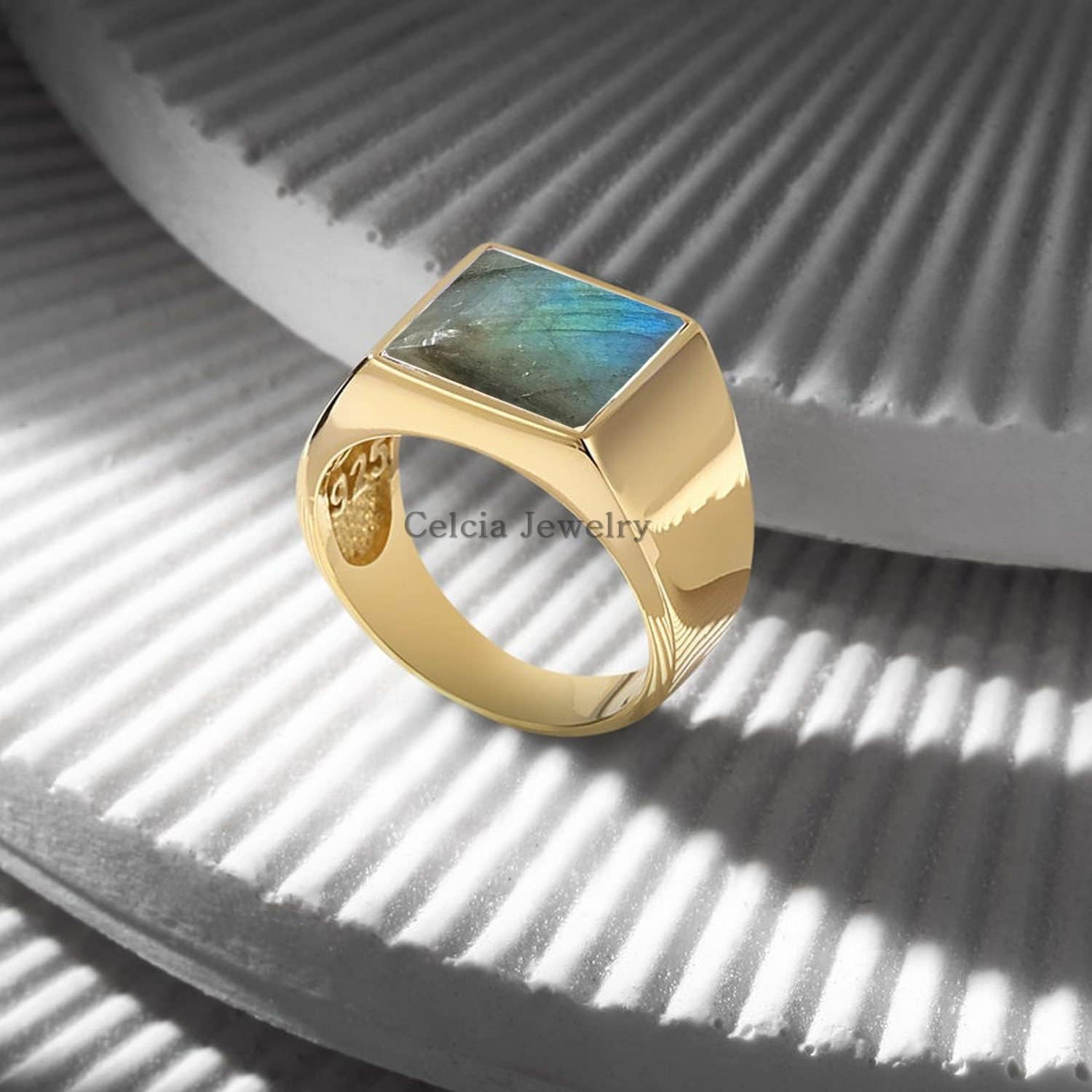 18K Yellow Gold Plated Solid 925 Sterling Silver Ring for Men, Genuine Abalone Shell Square 12MM Gemstone Signet Ring, Unique Handcrafted Jewelry