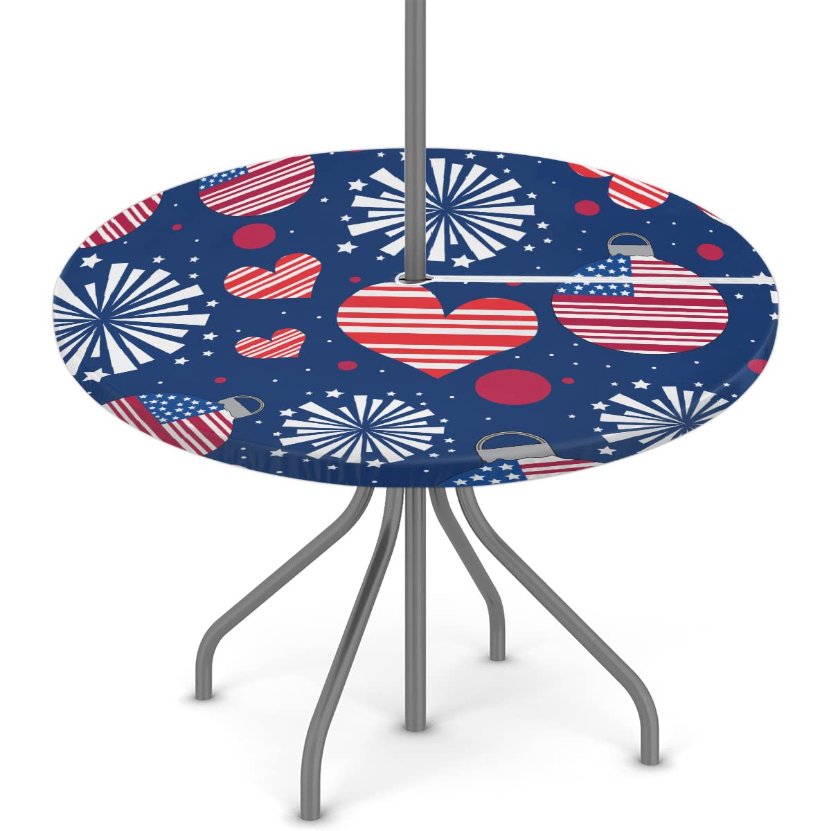 Round Outdoor Tablecloth with Umbrella Hole,Patio Table Cover Fitted Tablecloth Waterproof Umbrella Table Cover for Party Picnic (American 4th of July, Fit for 36