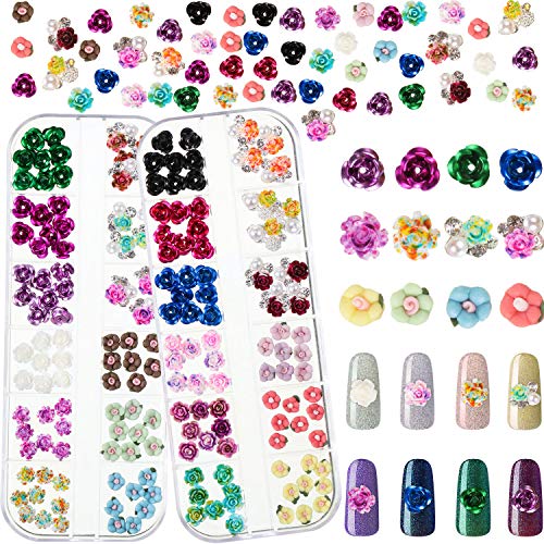 2 Boxes 4 Shapes 3D Nail Flowers Rhinestones Charms Nail Art Decoration Metal Rose Flowers Beads 24 Colors Nail Flowers Accessories for Nails Fingernails Toenails Decor Manicure Supplies