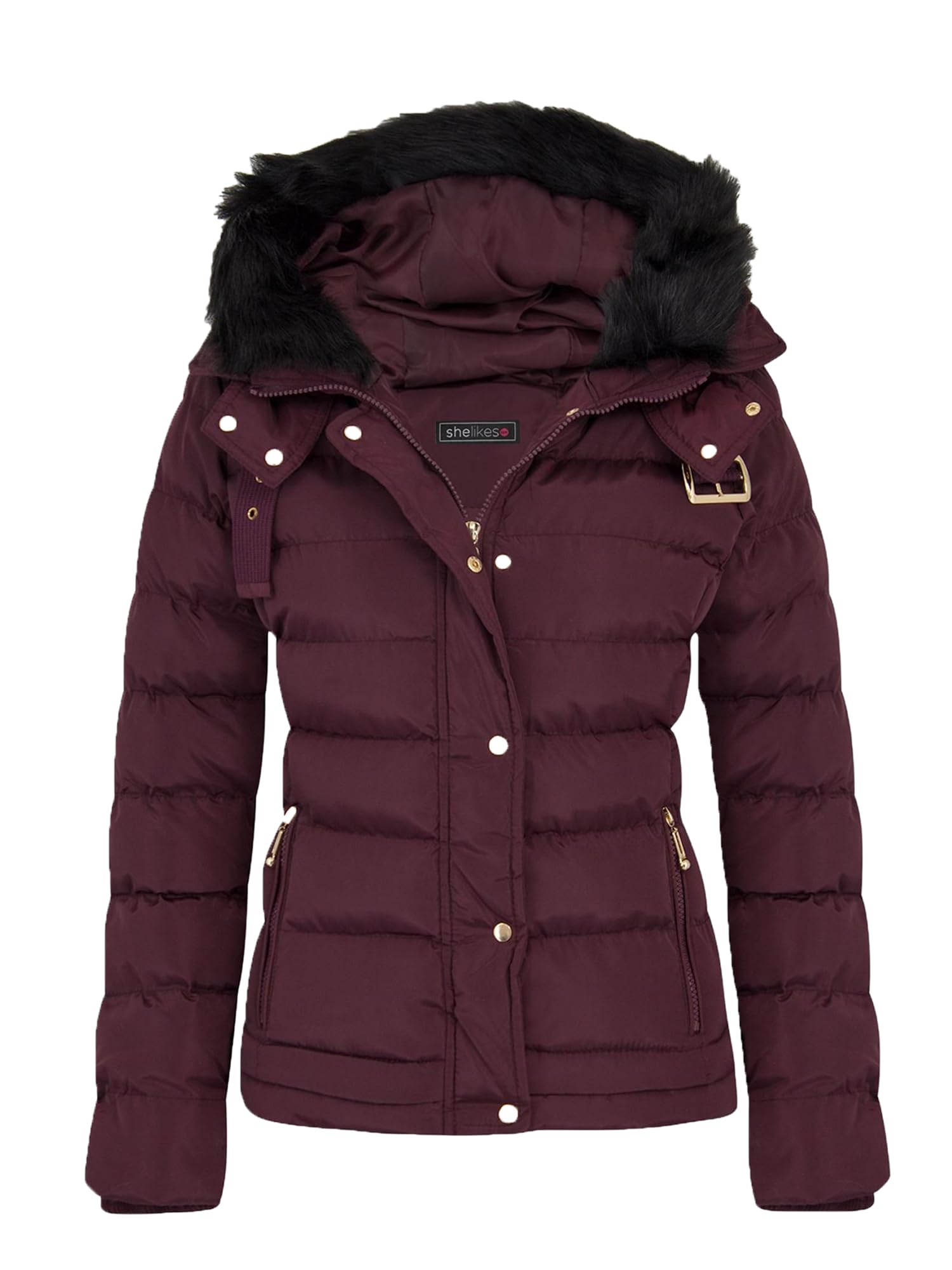 shelikes Womens Hooded Winter Jacket Quilted Padded Warm Coat Parka Jacket With Faux Fur Hood & Zip Pocket