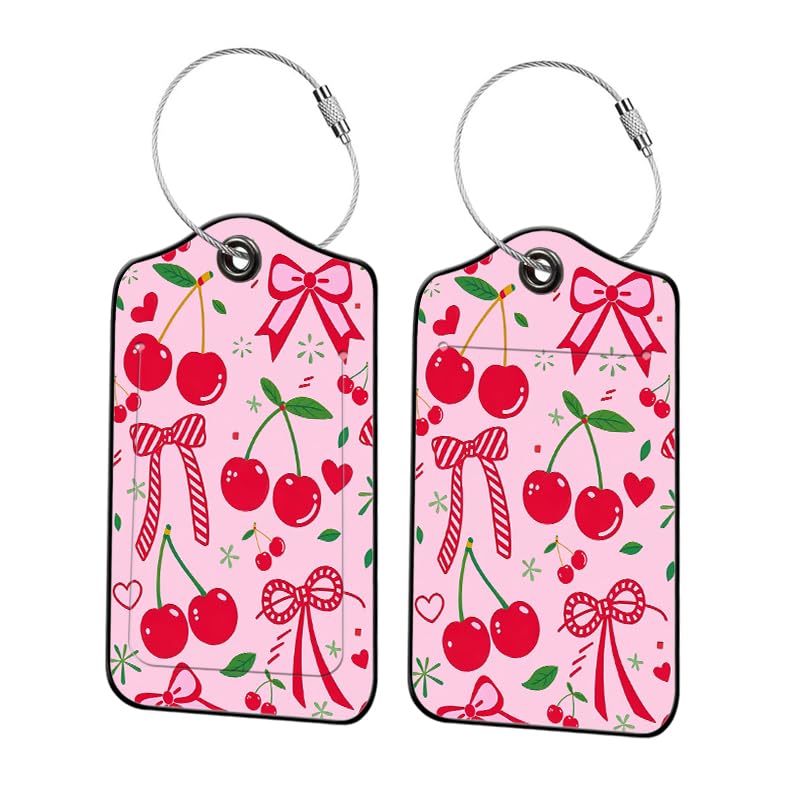 Qrifaro 2 Pack Cherry Leather Luggage Tags for Suitcases, Travel Bag Tags with Privacy Cover ID Label with Stainless Steel Loop for Women Men Girls