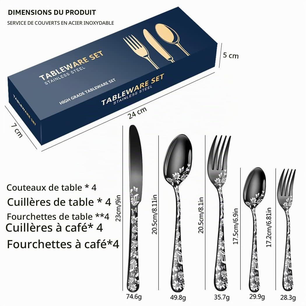 XIAOYU Ensemble de couverts 20 pièces, ensemble de couverts en acier inoxydable pour 4, motif unique, comprend des couteaux/fourchettes/cuillères, va au lave-vaisselle, or