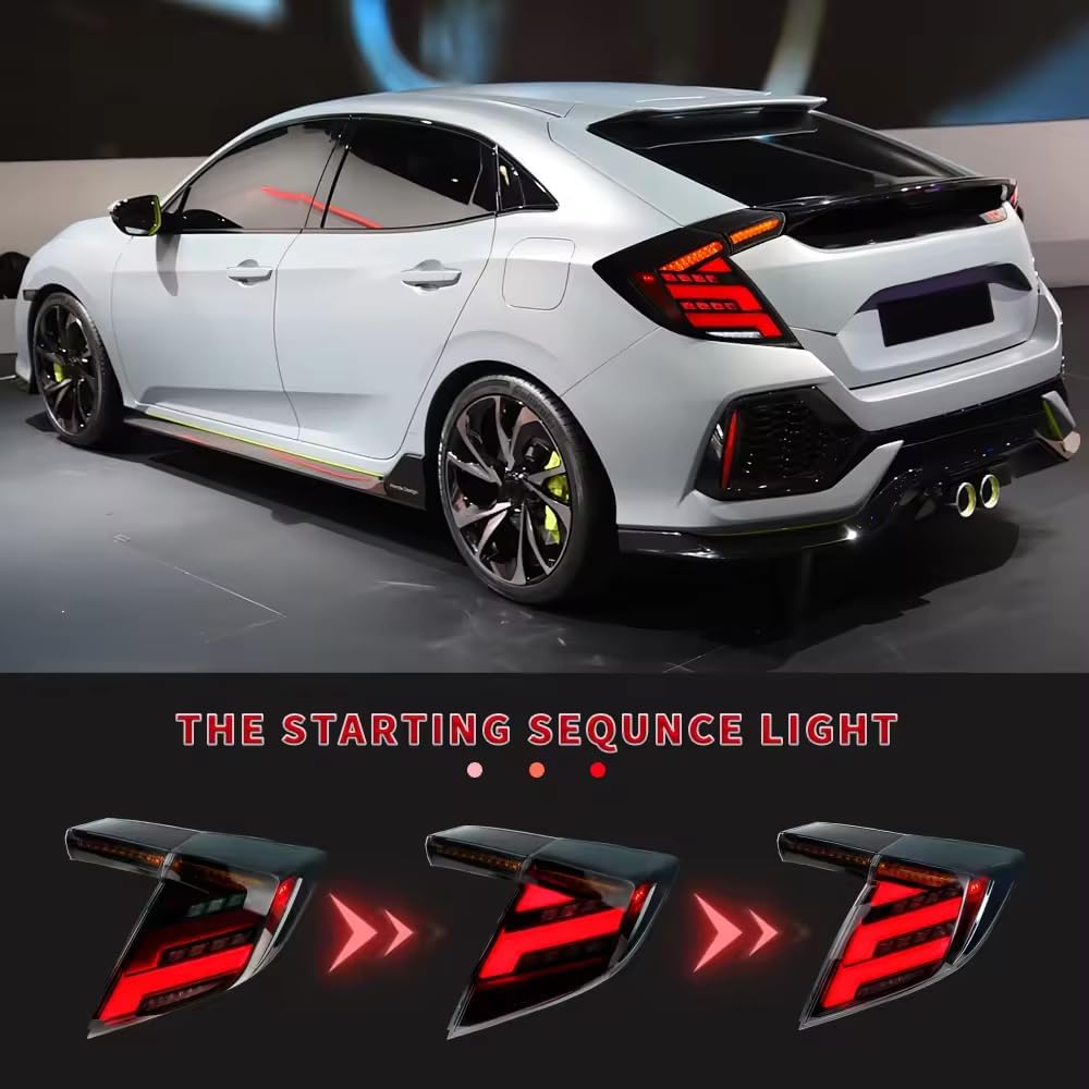 Archaic Tail Lights Compatible with 10th Honda Civic Type R Hatchback 2016-2020, with Sequential Turn Signal, Animation DRL, Pair