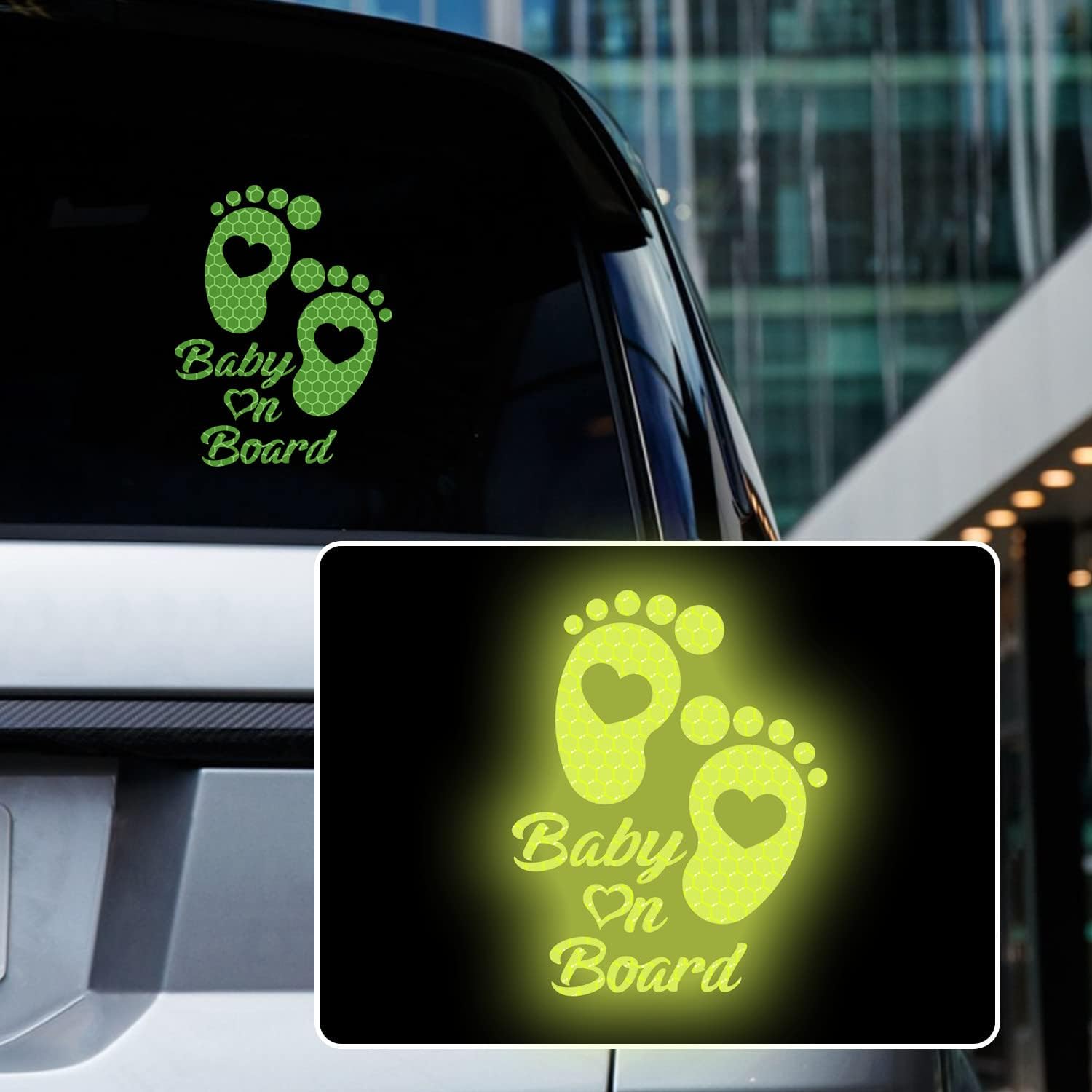High Intensity Reflective Baby on Board Car Sticker Waterproof Cute Footprint Baby in Car Decal Safety Warning Sign Kids on Board Decal for Car Bumper Window (Fluorescent Green)