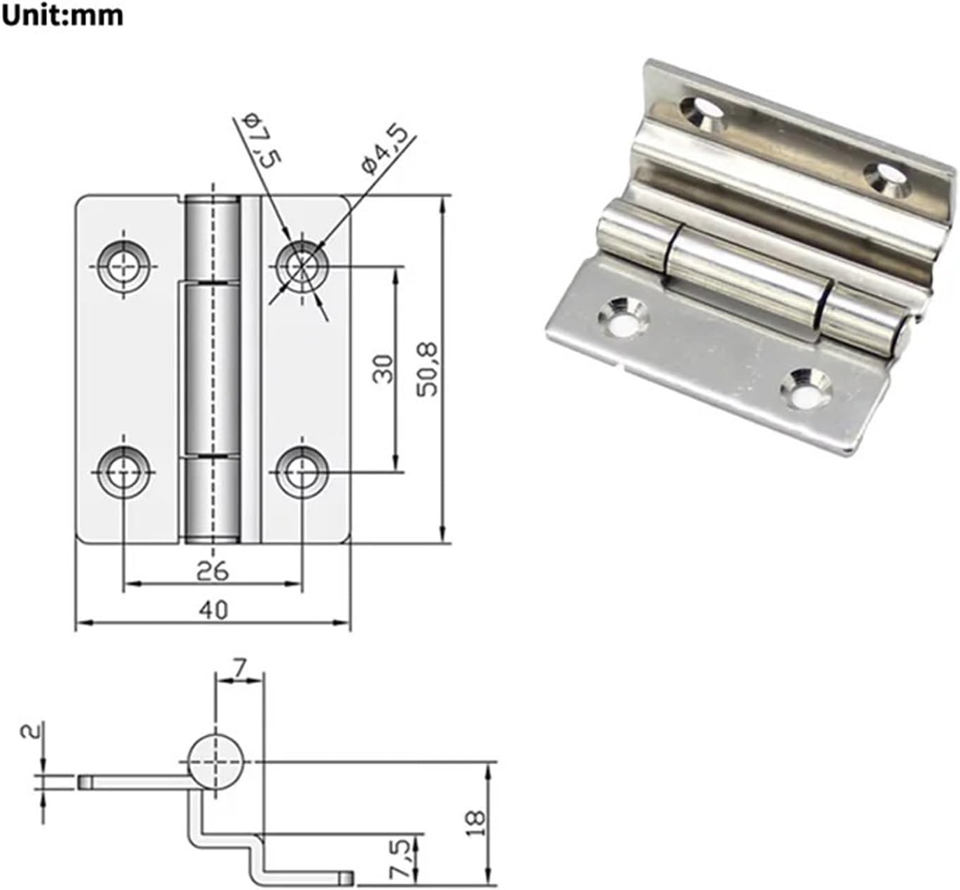 Double Right-Angle Bent Hinge Industrial Cabinets and Equipment Folding 304 Stainless Steel 180 Degrees 1Pcs