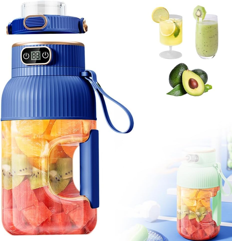 Multifunctional Portable Juicer Cup with Digital Display, Portable Blender with Direct Drinking Lid, Fresh Juice Large Capacity Travel Blender for Shakes and Smoothies (Blue-Single cup double lids)