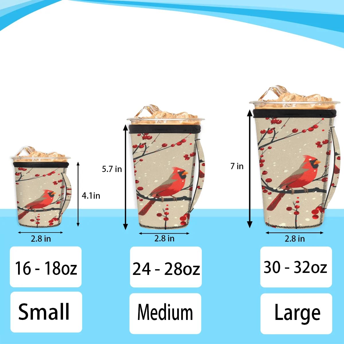 Birds Branches Berries M Reusable Iced Insulator Coffee Sleeves Neoprene Insulated Sleeves With Handle Coffee Sleeves for Iced Coffee Cups Drinks