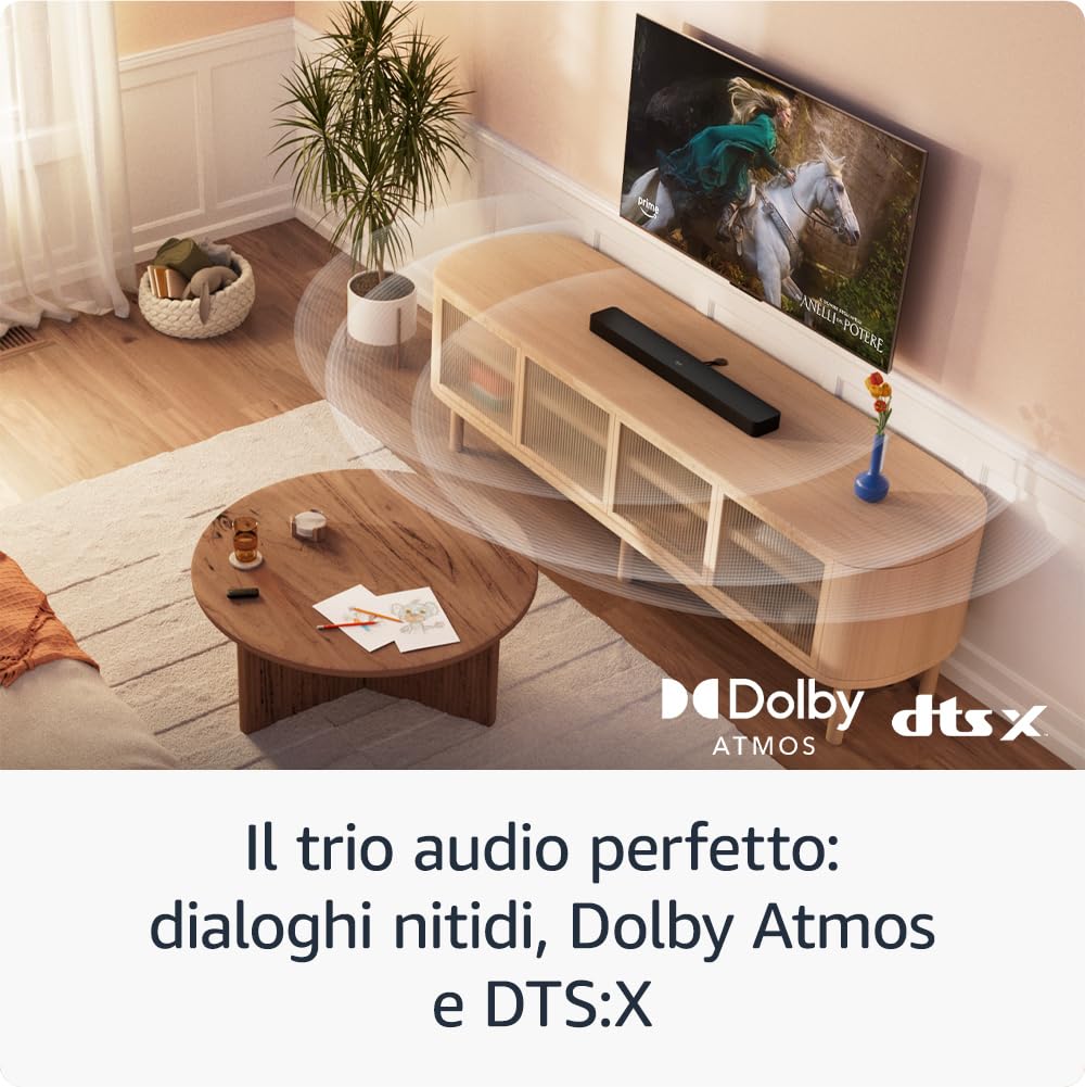 Ti presentiamo Fire TV Soundbar Plus di Amazon, 3.1 canali, design tutto-in-uno, Dolby Atmos, DTS:X, dialoghi nitidi