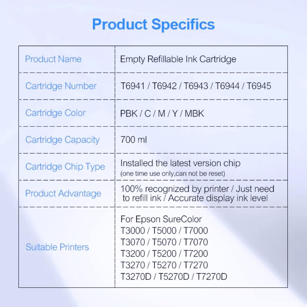 5Colors/Set T6941-T6945 T6941 Refillable Ink Cartridge with One Time Chip for E-pson SureColor T3270 T5270 T7270 700ML/PC