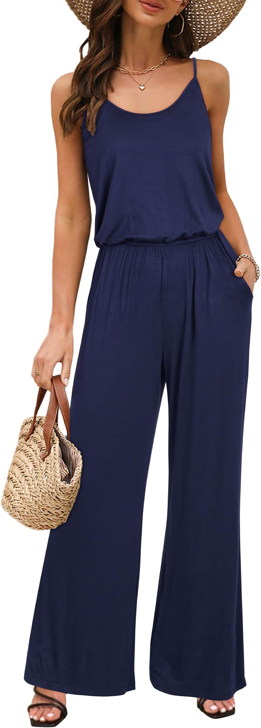 Women's Summer Jumpsuits Sleeveless Wide Leg Pants Casual Playsuit With Pockets