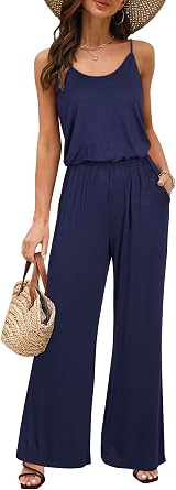 OUGES Womens 2024 Casual Sleeveless Jumpsuits Spaghetti Strap Loose Romper Long Pants with Pockets