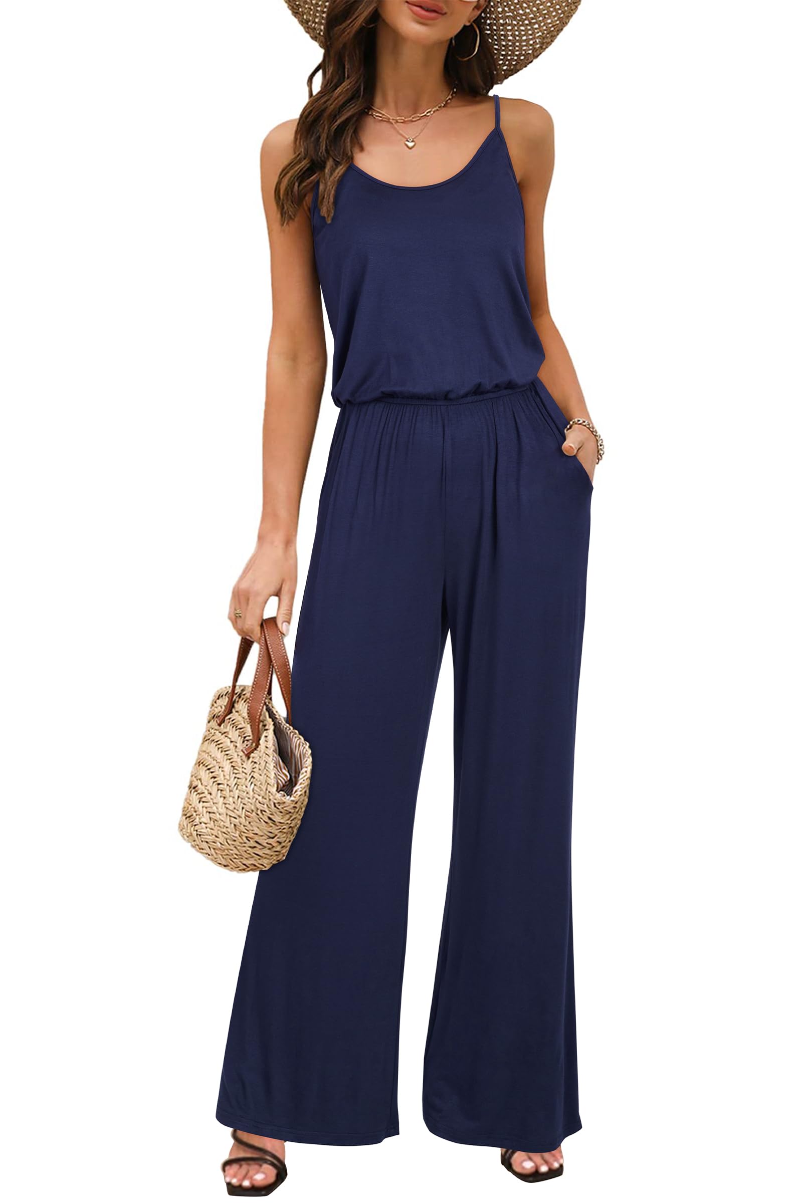 Women's Summer Jumpsuits Sleeveless Wide Leg Pants Casual Playsuit With Pockets