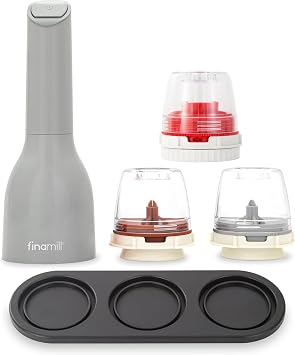 FinaMill Classic Battery-Operated Spice Mill Bundle with Interchangeable Pods, Greater Pod & Stackable Trio Tray One-Handed Grinding, Adjustable Coarseness - Valentines Day Gifts for Food Lovers