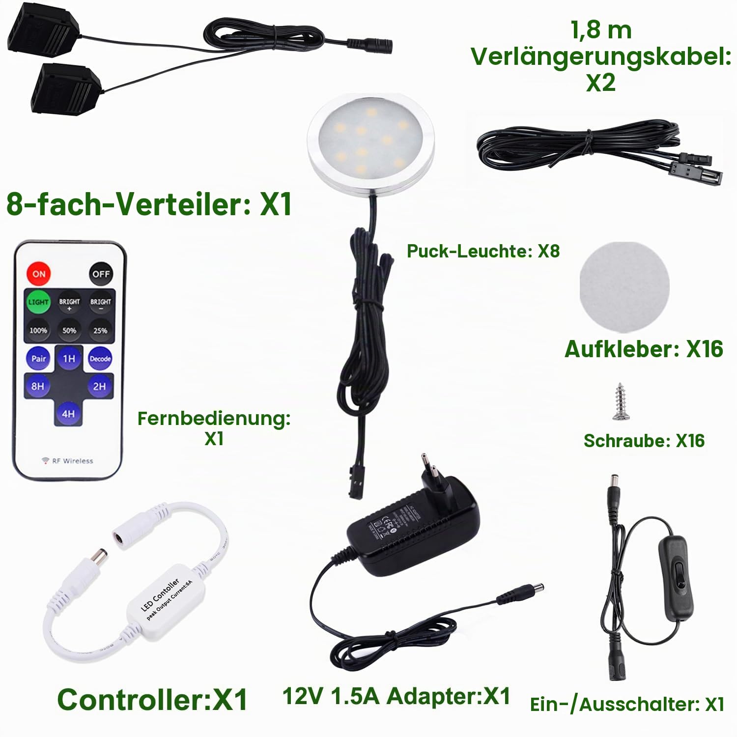 AIBOO LED Schrankleuchten 8er Komplettset, Unter Kabinett Beleuchtung mit Fernbedienung, Küchenlampen Vitrinenbeleuchtung Warmweiß 2700K, LED Unterbauleuchte Set Inklusiv alle Zubehör