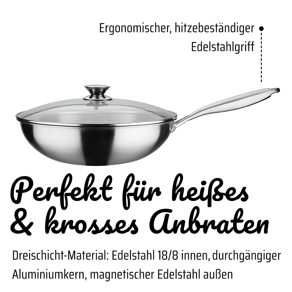 GSW 868402 Wok-Pfanne Asia mit Glasdeckel- ⌀32 cm, Silber