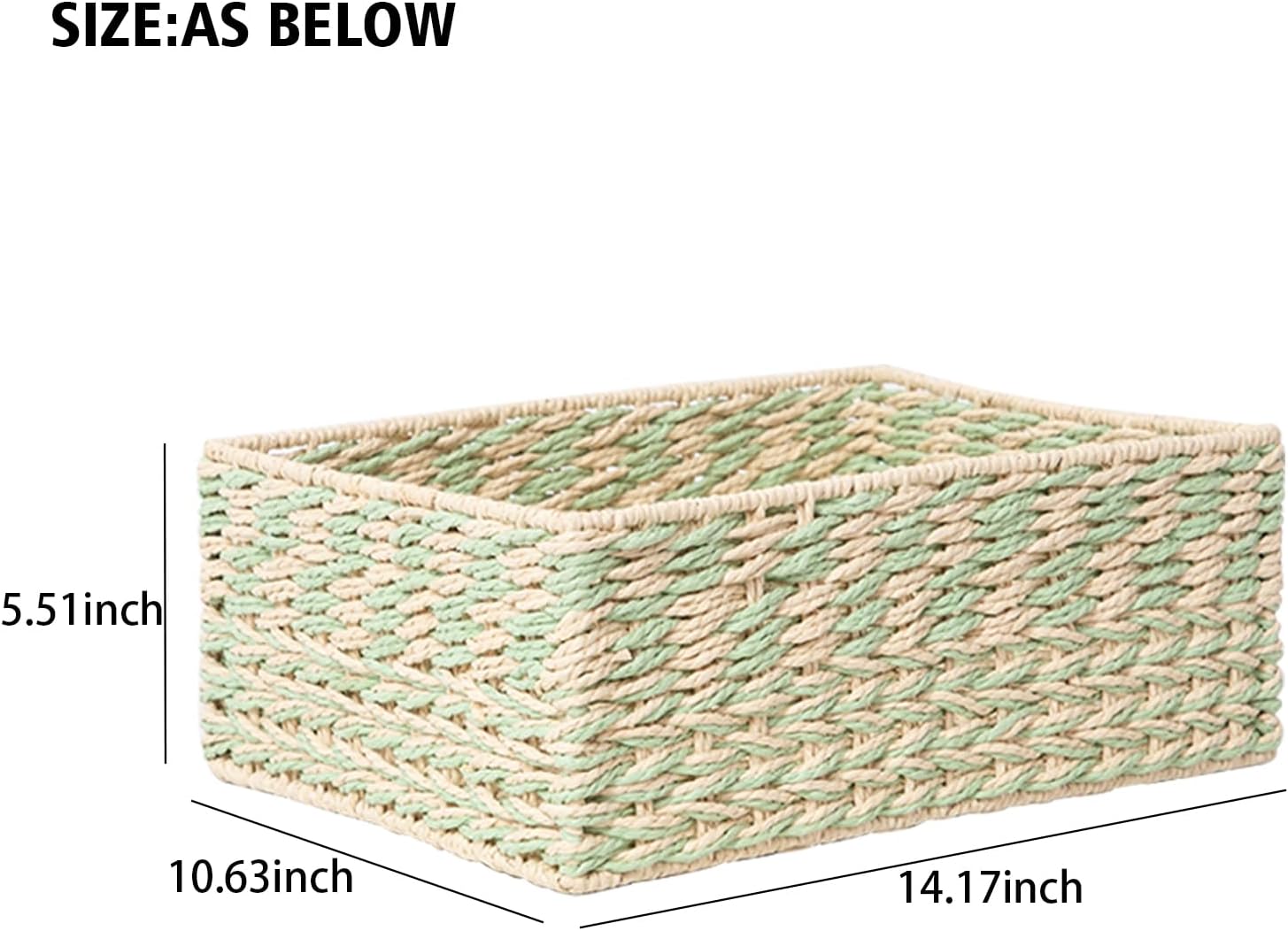 Beige and Green Colorblock Woven Storage Basket, Recycled Paper Cord Storage Box for Cabinets, Drawers, Shelves, Dressers