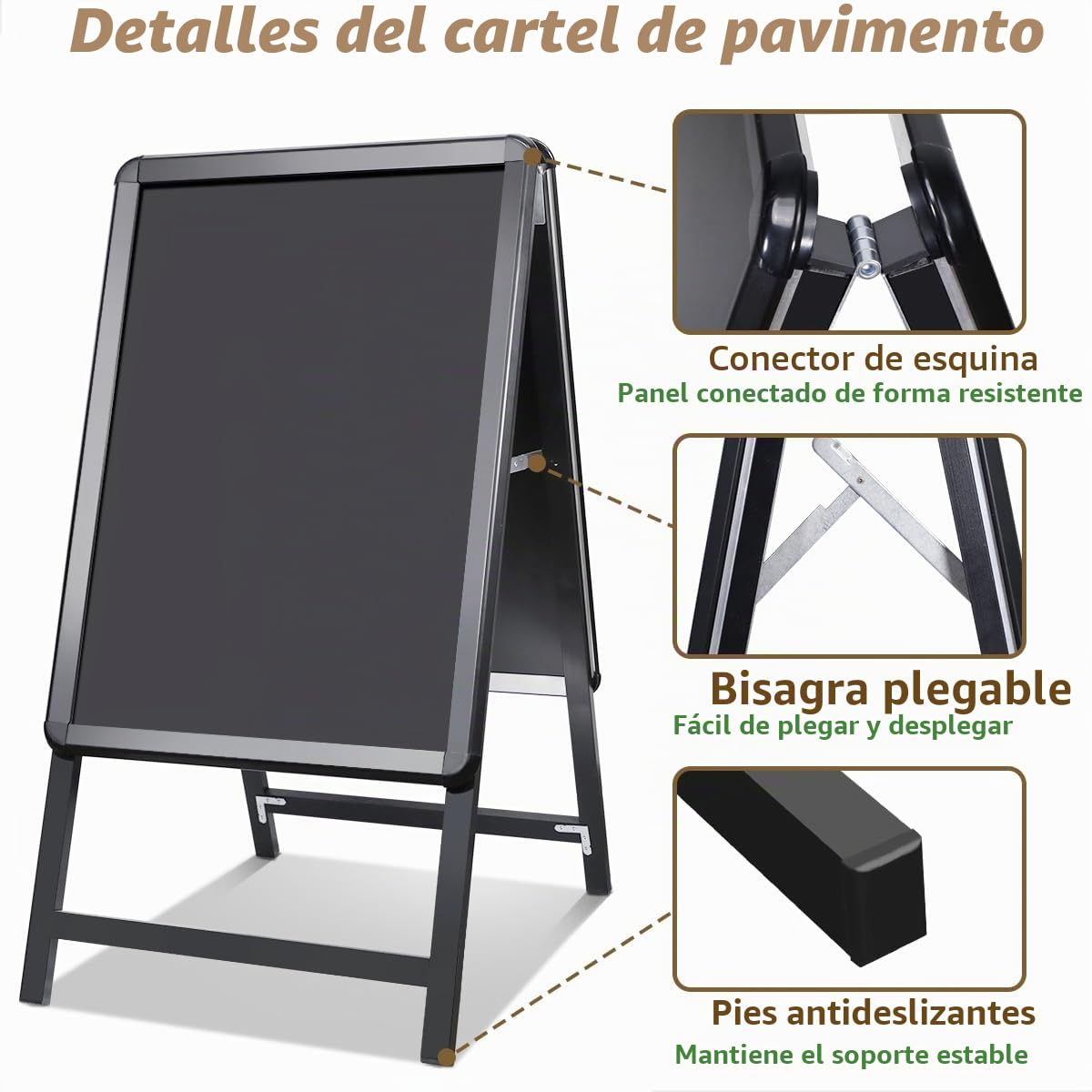 A2 Cartel publicitario para acera Soporte para carteles de doble cara Cartel publicitario de aluminio para acera con marco a presión para publicidad exterior, negro