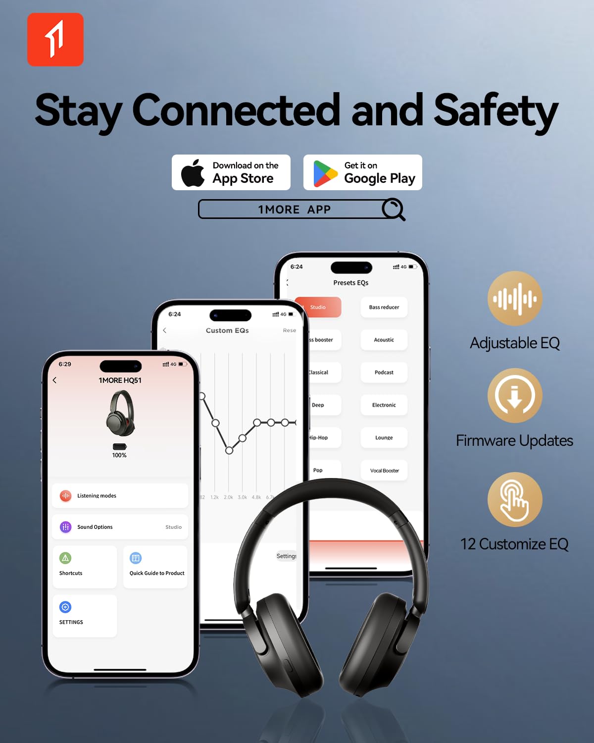 1MORE Casque Bluetooth supra-auriculaire, casque sans fil à réduction de bruit avec LDAC, audio sans fil haute résolution, Bluetooth 5.4, QuietMax ANC, ajustement confortable, appels clairs, 100