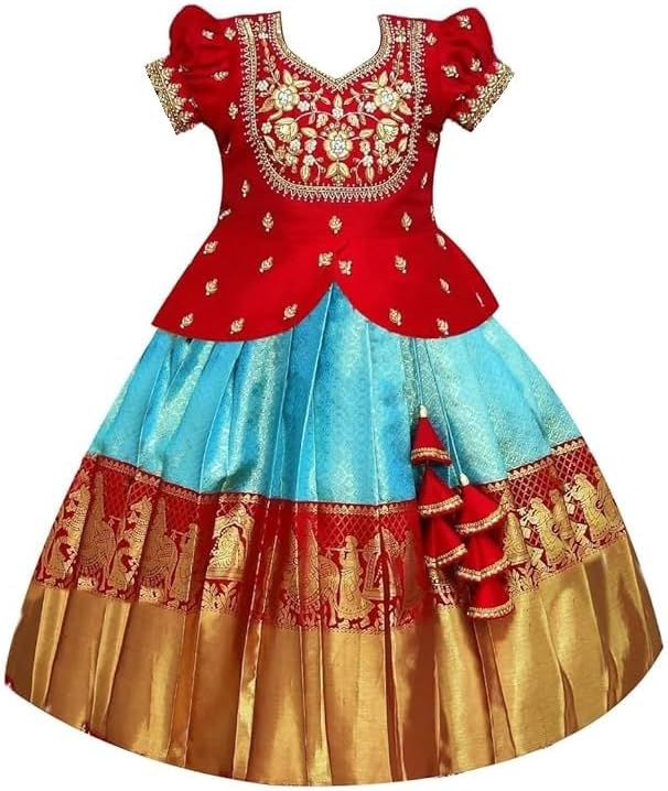 New south Indian traditional pattu pavadai Jecquard Lehenga choli for girls dress