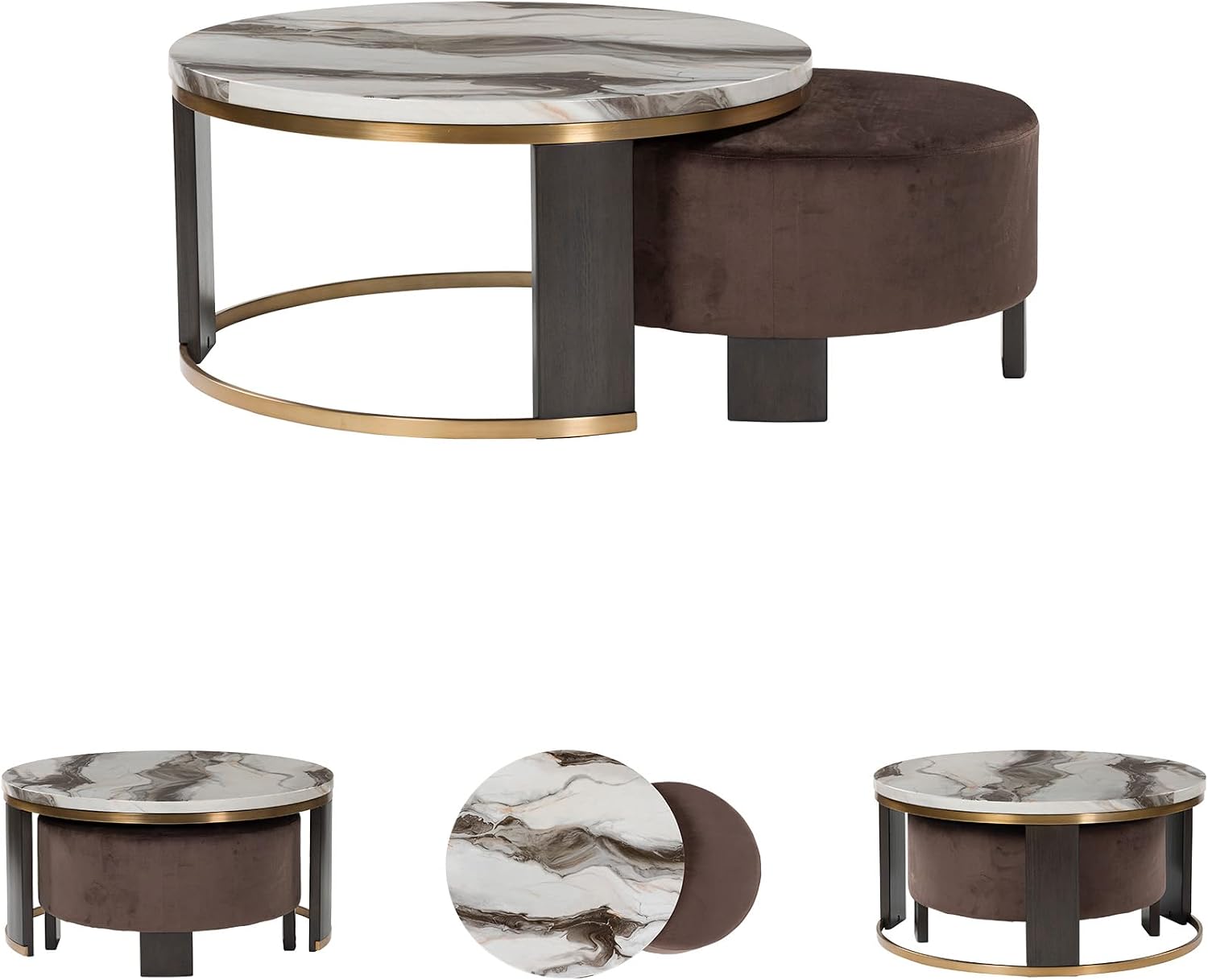 Signature Design by Ashley Jazmore Contemporary Faux Marble Nesting Coffee Table with Velvet Upholstered Ottoman, Set of 2, White & Dark Brown