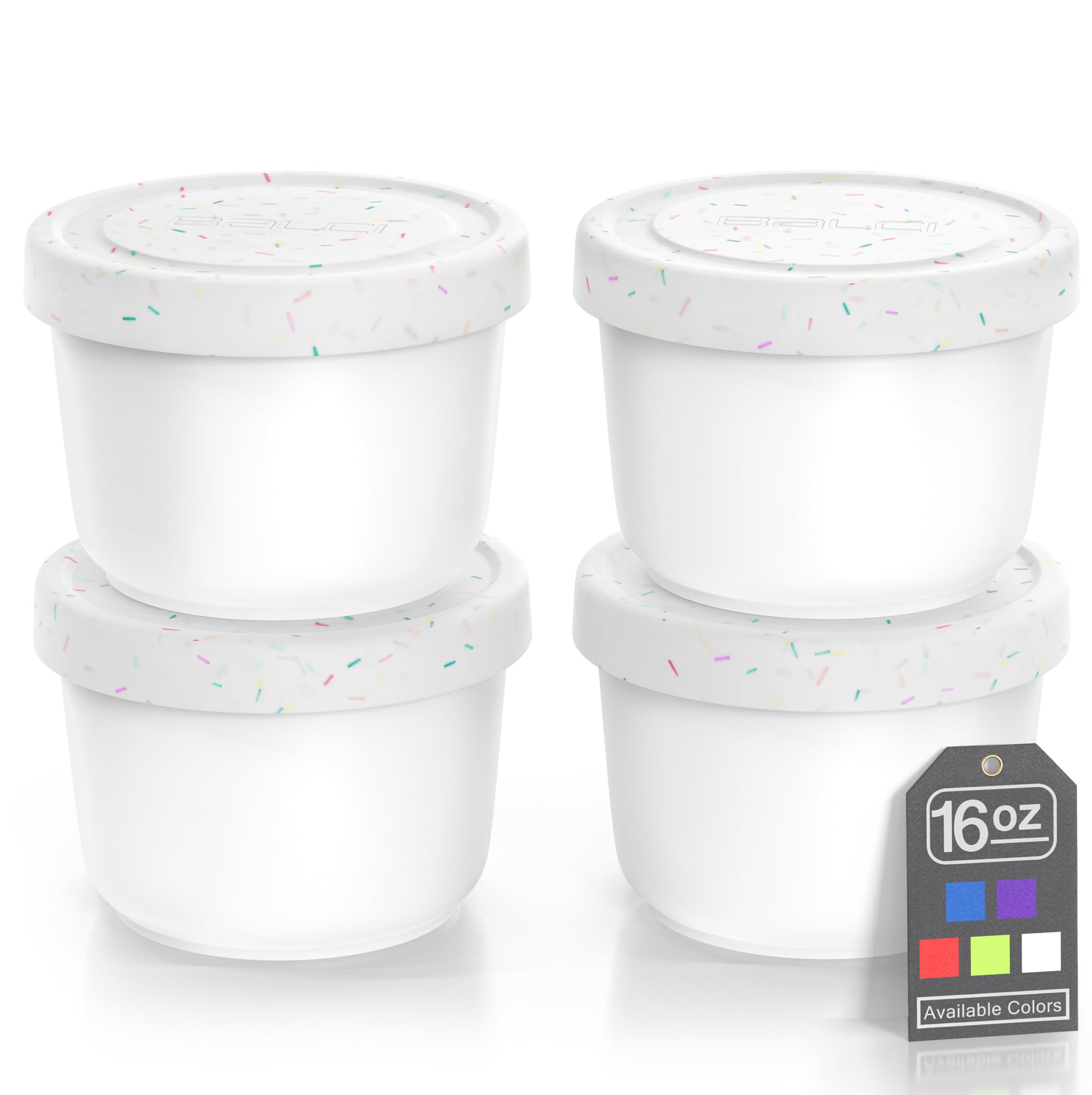 BALCI - 16oz Ice Cream Containers with Silicone Lids (Set of 4) - 1 Pint Each Freezer Food Storage Containers, Reusable, LeakProof, For Homemade IceCream Containers - White with Sprinkles