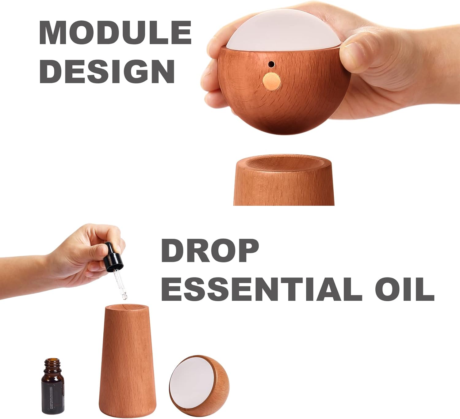 Image showing the light module separated from the base and how to add essential oil to the base.