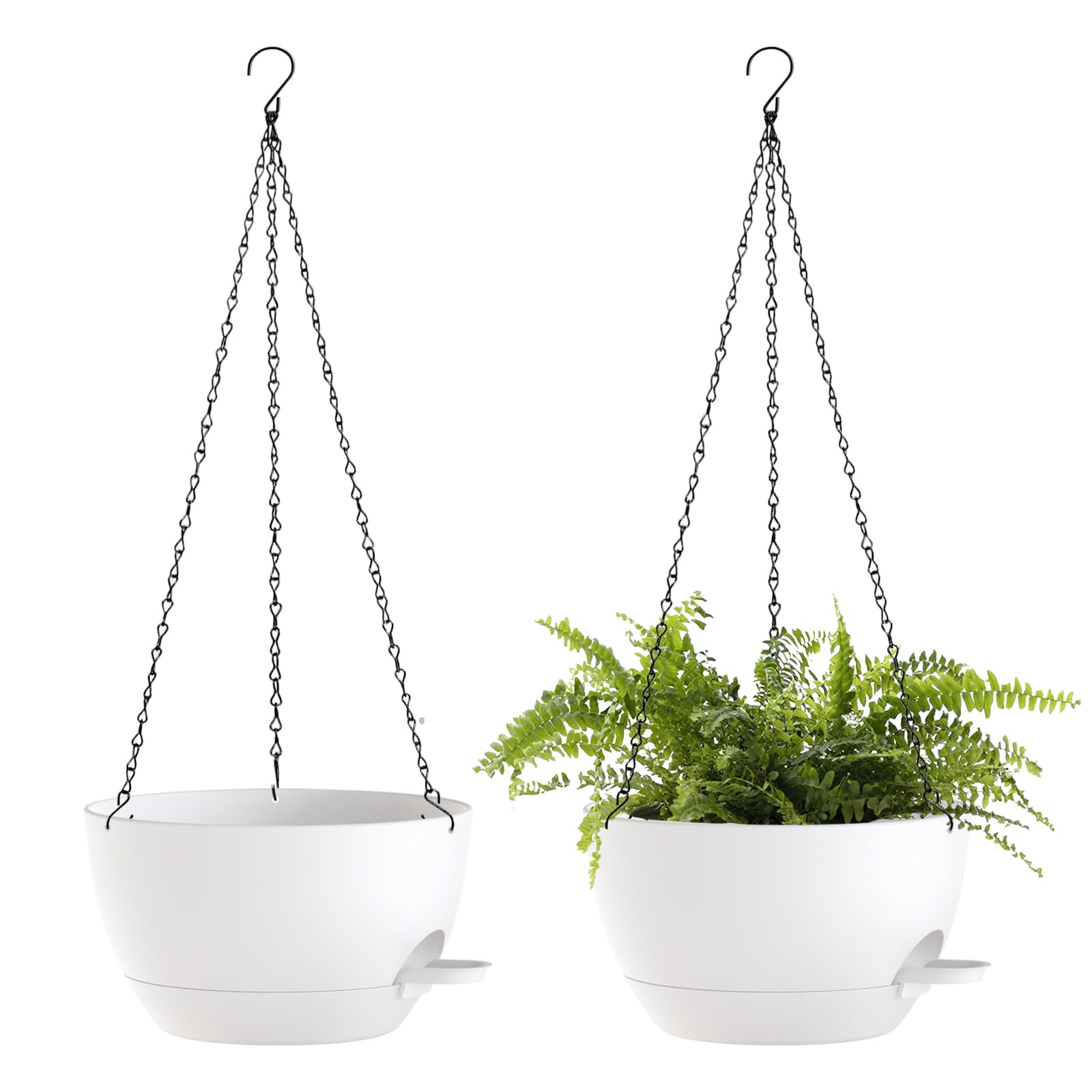 SQKH 10 Inch Hanging Baskets 2 PC with Chains, Self-Watering Hanging Planters for Indoor Outdoor Plants, Plastic Hanging Flower Pots,White