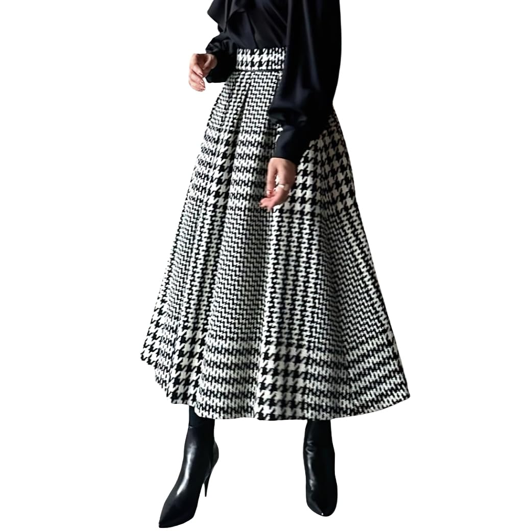chouyatou Womens Fall Winter Houndstooth Tweed Wool Skirt Ruffle Zip Up Pleated Midi Skirt with Pockets