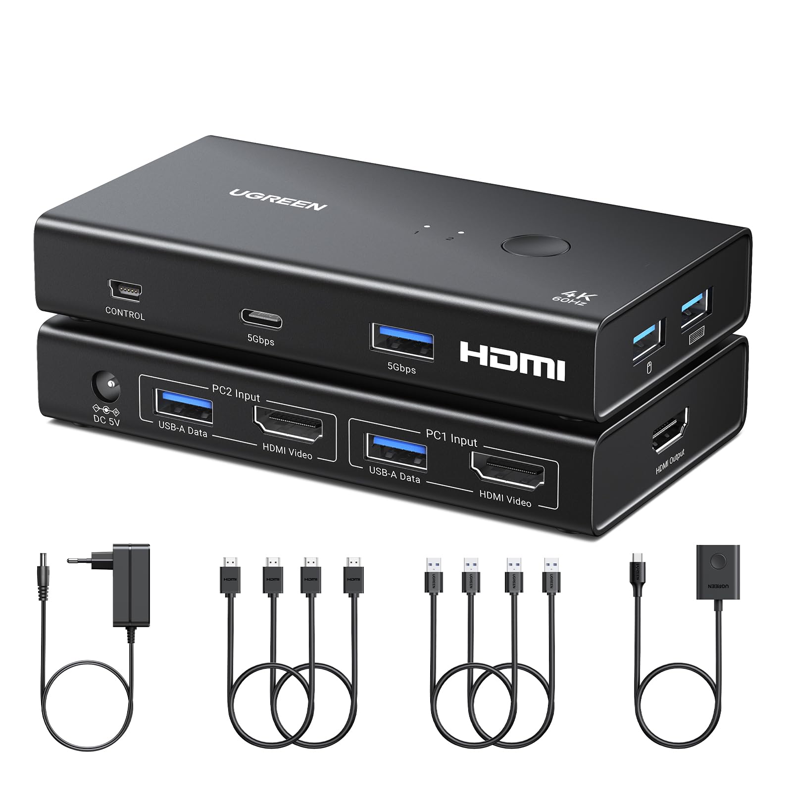 UGREEN Switch KVM HDMI 4K 60Hz 2 Ingressi 1 Uscita con 4 Porte USB A e 1 Tipo C 3.0 per Tastiera Mouse Hard Disk Stampante con 4 Cavi Adattatore di Alimentazione Controllore da Tavolo